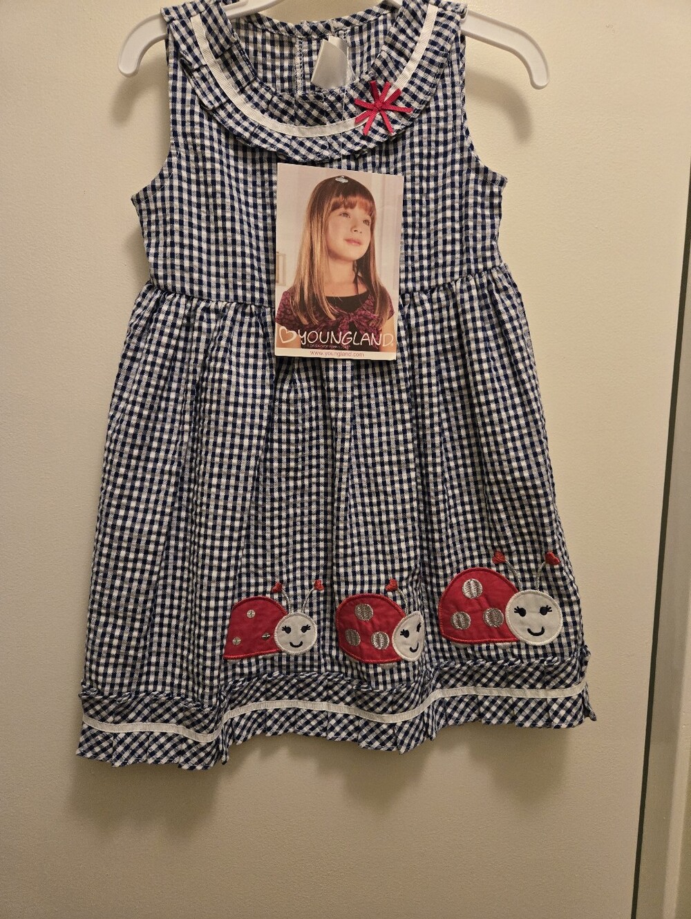 NWT Youngland Girls Navy Gingham Dress Ladybug Applique Toddler Size 4T